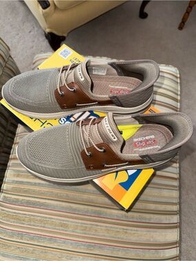 Skechers Taupe Mesh & Brown Leather Slip-In Sneakers